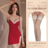 Burgundy (deep V-neck slip dress + thong + lace stockings)