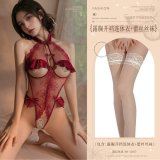 Burgundy (open-crotch bodysuit with cutouts + lace stockings)