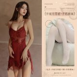Burgundy (eyelash lace suspender dress + thong + open-crotch tights)