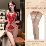 Red (floral lace open-crotch bodysuit + lace stockings)