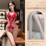 Red (floral lace open-crotch bodysuit + boxer stockings)