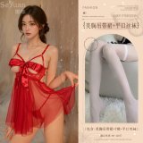 Red (hollowed-out halter dress with exposed breasts + flat stockings)