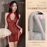 Burgundy (lace cheongsam dress + thong pants + boxer stockings)