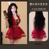Red halter dress + thong + headband + neck ring