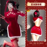 Red [Cheongsam + 2 sleeves + T-shirt] + 7126 red fishnet stockings