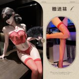 Red suit + red fishnet stockings