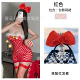 Full outfit: Red mesh skirt + red sequined headband + size 63 red choker + size 3 red fishnet stockings
