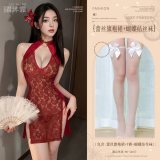 Burgundy (lace cheongsam dress + T-shirt + bow-tie stockings)