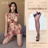 Burgundy (see-through cheongsam dress + T-shirt + white bow-tie stockings)