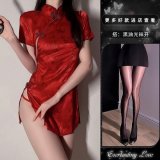 Sexy red nightgown + black open-crotch glossy stockings