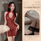 Burgundy (exquisite lace cheongsam + T-shirt + black lace stockings)