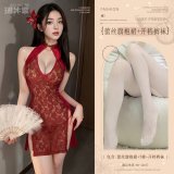 Burgundy (exquisite lace cheongsam + thong + white open-crotch pantyhose)