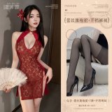 Burgundy (exquisite lace cheongsam + thong + black open-crotch tights)