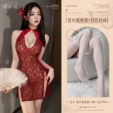 Burgundy (exquisite lace cheongsam + thong + white lace fishnet stockings)