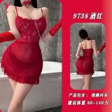 [Burgundy mesh skirt + T-shirt] + matching traction rope + matching gloves