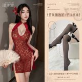 Burgundy (exquisite lace cheongsam + thong + black strapless stockings)