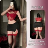 Red top + short skirt + matching garter stockings