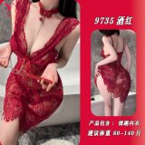 Burgundy nightgown + thong + matching fishnet stockings