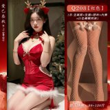Red drawstring Christmas outfit + white fishnet stockings