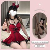 Burgundy suit + black open-crotch stockings