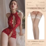 Burgundy (open-crotch bodysuit with exposed chest + lace stockings)