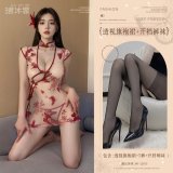 Burgundy (see-through cheongsam dress + thong + white open-crotch tights)