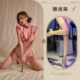 Red battle robe + black open-crotch stockings