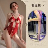 Red and white fishnet stockings