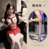 Red and white outfit + white fishnet stockings