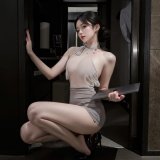 Ribbon pencil skirt + black fishnet stockings
