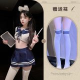 Sailor uniform white and blue + school socks [black stripes] white socks