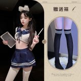Sailor uniform (white and blue) + school socks (white stripes) + black socks