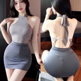 Hot secretary in a bodycon skirt and stockings