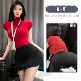 Secretary in red + black + open-crotch bodysuit