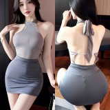 Hot secretary in a bodycon skirt and fishnet stockings