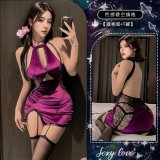 Sexy lace cheongsam + open crotch stockings