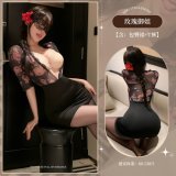 Sexy secretary in a bodycon skirt + thong + open-crotch stockings