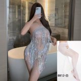 Silver Latin skirt + white open-crotch stockings