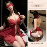 Wine-colored [nightgown + thong + eye mask + open-crotch stockings]