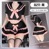 School uniform + black lace-trimmed stockings