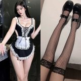 Sweet and alluring cute maid outfit [four-piece set] + black fishnet stockings