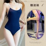 swimsuit + white fishnet stockings