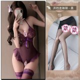 Purple + W112 Black Open Crotch Stockings