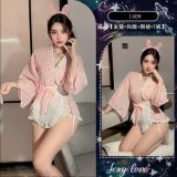 ◆Japanese-style Sweet Bunny◆ Pink + White [Headband + Kimono + Apron + T-shirt] + White Fishnet Stockings