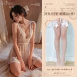 White (back-slit sheer skirt + thong + bow-tie stockings)
