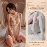 White (back-slit halter dress + thong + lace fishnet stockings)