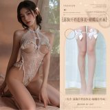 White (open-crotch bodysuit with cutouts + bow-tie stockings)