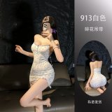 White (with bra padding) + white fishnet stockings