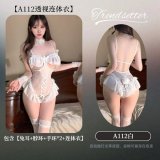 White [bunny ears + neck ring + 2 bracelets + bodysuit] + white bow-tie ruffled stockings