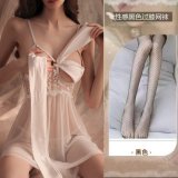 0803 White butterfly nightgown + underwear + black fishnet stockings